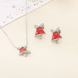 Christmas jewelry set with red enamel bells and silver reindeer antlers necklaces and earrings