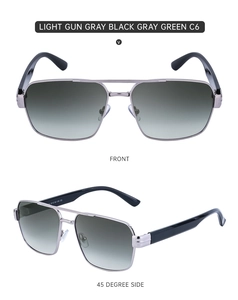 Front and 45-degree side views of light gun gray metal sunglasses with gradient lenses