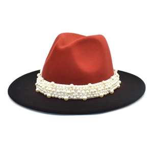 Two Tone Woolen Fedora Hat Wide Brim Artificial Pearl Ribbon Decor Elegant Jazz Style For Men And Women