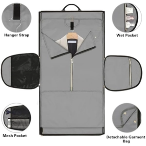 Detail view of garment bag showing hanger strap, wet pocket and mesh storage compartments