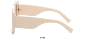 Side view of cream square frame sunglasses featuring wide temples and metal hinges
