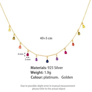 S925 sterling silver gold necklace with colorful pear-shaped cubic zirconia drops
