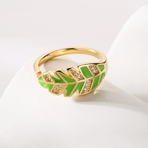 Elegant Leaf Shape Open Ring Copper Gold Plated With Colorful Enamel And Cubic Zirconia Adjustable Fashion Jewelry Women