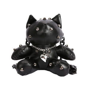 Cute black PU leather cartoon bear crossbody bag with punk style metal rivets and heart charm