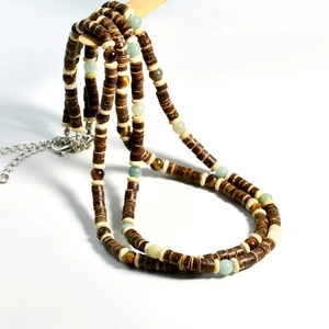 Mens coconut shell bead necklace with tiger eye stones and silver lobster clasp