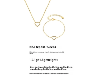 Detail specifications for heart necklace and bracelet set in gold stainless steel