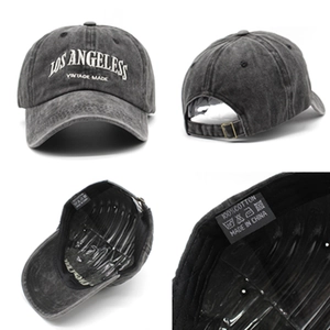 Vintage grey washed cotton baseball cap with Los Angeles embroidery and metal buckle