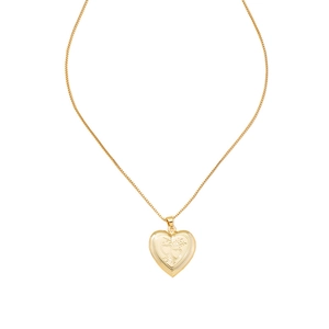 Vintage gold heart locket necklace with embossed double heart pattern on white background