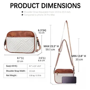 Quilted crossbody bag dimensions guide with size 8.7x2.6x6.3 inches and strap details