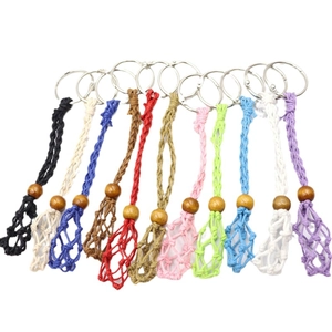 Macrame Keychain Handmade Woven Cotton Rope Net Bag Crystal Holder Wood Bead Boho Style Ornament Accessory Bag Charm