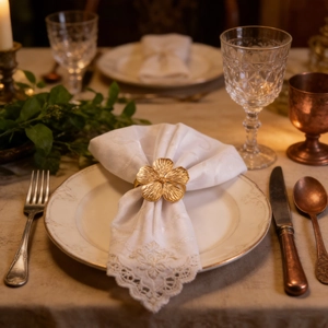 Elegant matte gold five-petal flower napkin ring on a white linen napkin for table decor