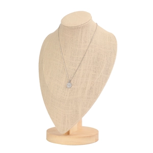 Linen neck bust display with silver round zircon pendant necklace and wooden base