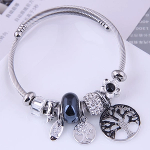 Silver tree of life charm bracelet with wire cable strap and crystal beads