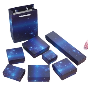 Starry sky navy blue jewelry box set with matching paper bag for rings and necklaces