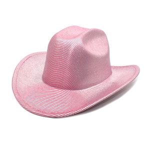 Close-up of pink and silver metallic striped cowboy hat with wide brim and curved edges