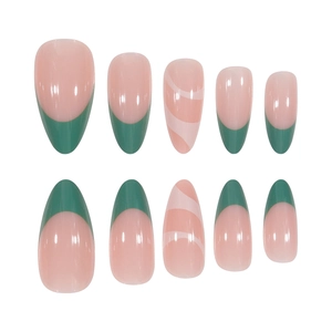 Faux ongles amande avec pointes françaises vert foncé et motifs de vagues roses