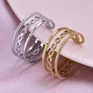 Elegant 304 stainless steel triple-layer ring in gold and silver with twisted details