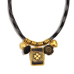 Retro 18K gold plated square pendant necklace with black woven cord and floral charms
