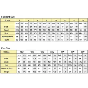 Detailed size chart for golden V-neck wedding dress with US standard and plus size data