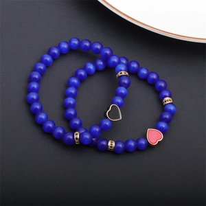 Blue cat-eye beaded heart bracelets with black and red drip oil heart pendants