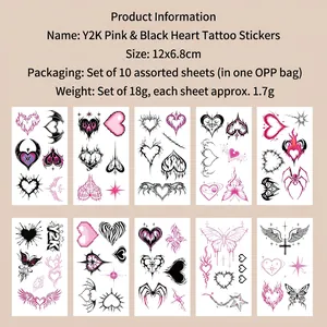 Detail showing a set of 10 Y2K style waterproof temporary tattoos with pink heart and butterfly