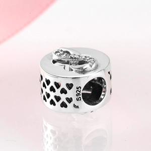 S925 sterling silver hollow heart charm with infinity symbol and sparkling crystals