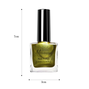 Metallic mirror finish nail polish in olive green shade 7.5ml bottle with dimension scale