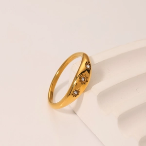French vintage 18k gold plated titanium ring with white zircon stars on white display