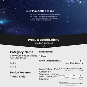 Detailed size chart and material specs for women's 95% cotton T-back thong underwear