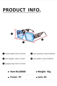 Detailed size chart for square jelly sunglasses with frame and lens measurements