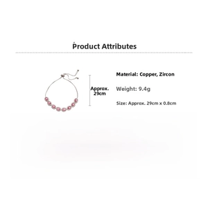 Vue détaillée d'un bracelet réglable argenté avec zircon rose et longueur de 29 cm