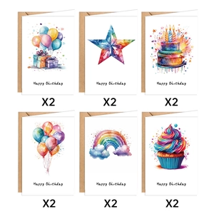 Watercolor Happy Birthday card set with 6 designs and brown kraft envelopes