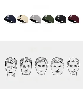 Detail view of cotton docker hats in six colors with DINGHAN embroidery and face shape guide