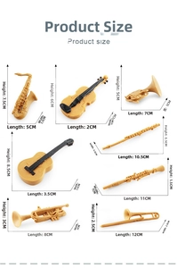 Size chart showing dimensions for 8 miniature musical instrument models in centimeters