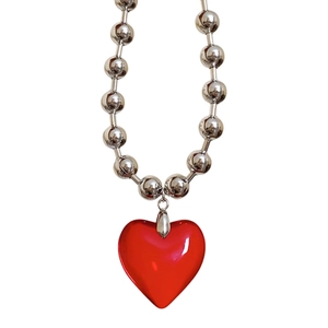 Exaggerated resin heart pendant necklace with silver metal bead chain for women