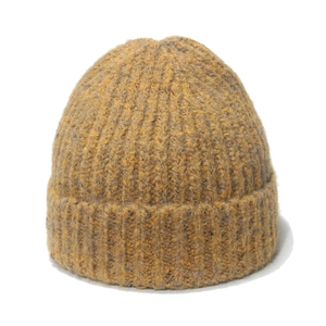Women's thick ribbed knit beanie in warm ginger yellow with gray melange texture