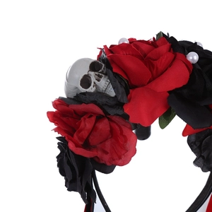 Halloween gothic headband with red and black roses, skull detail and pearls on white background