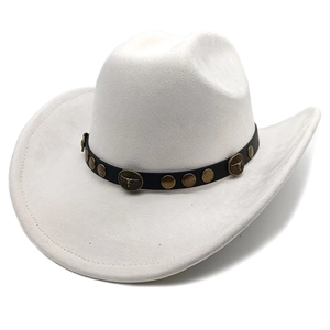 Close-up of suede cowboy hat with black leather band and bull head metal ornaments