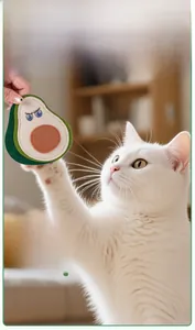 Cat reaching for an avocado-shaped felt toy with bells and embroidery detail
