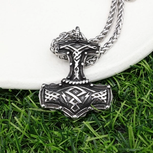 Retro Viking Mjolnir Thor Hammer pendant necklace with intricate Norse runes and celtic knots