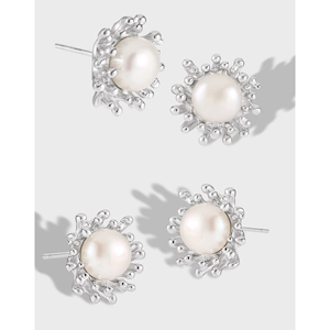 Irregular lava design S925 sterling silver stud earrings with natural white pearls