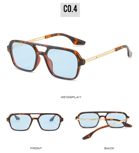 Three views of tortoise pilot sunglasses with light blue lenses and gold metal temples