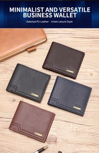 Close-up of slim bi-fold wallets with lychee pattern and gold logo on wooden background