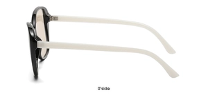 90-degree side view of bold black frames with translucent cream temples and amber lenses