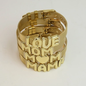 Three-piece gold stainless steel mesh bracelets set with LOVE, MOM, and MAMA letter charms