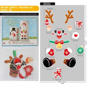 Detailed size chart for Christmas reindeer magnetic fridge sticker set with 18 pieces