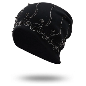 Slouchy Beanie Hat Cotton Blend Knitted Warm Double Layer With Rhinestone Bead Decor Casual Skull Cap For Women Men
