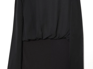 Detail of black georgette fabric splicing and pleated texture on women's bodysuit