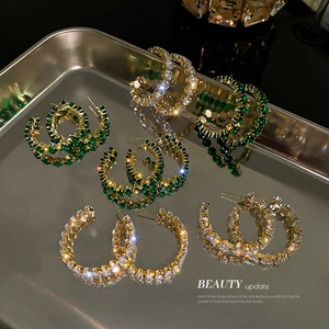 C-Shaped Hoop Earrings For Women Alloy Emerald Green Zircon Rhinestone Inlaid Fashion Jewelry With Silver Earring Post