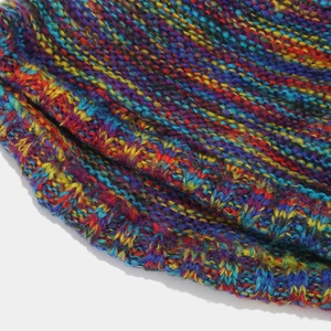 Close-up of colorful chunky knit texture showing vibrant rainbow mixed yarn patterns